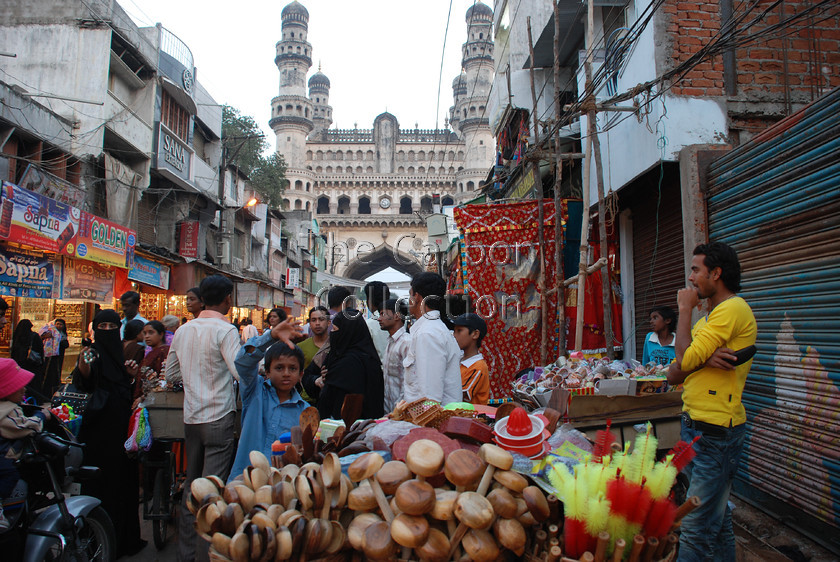 DSC 0173 
 Looking down the Lad Bazar market towards Charminar in Hyderabad, India. 
 Keywords: charminar hyderabad india indian street trader market shopping